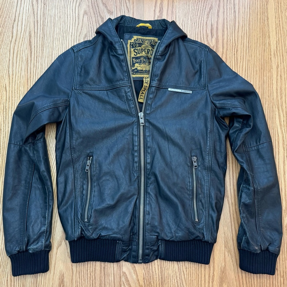 Superdry Black Leather Hooded Bomber Jacket Size S